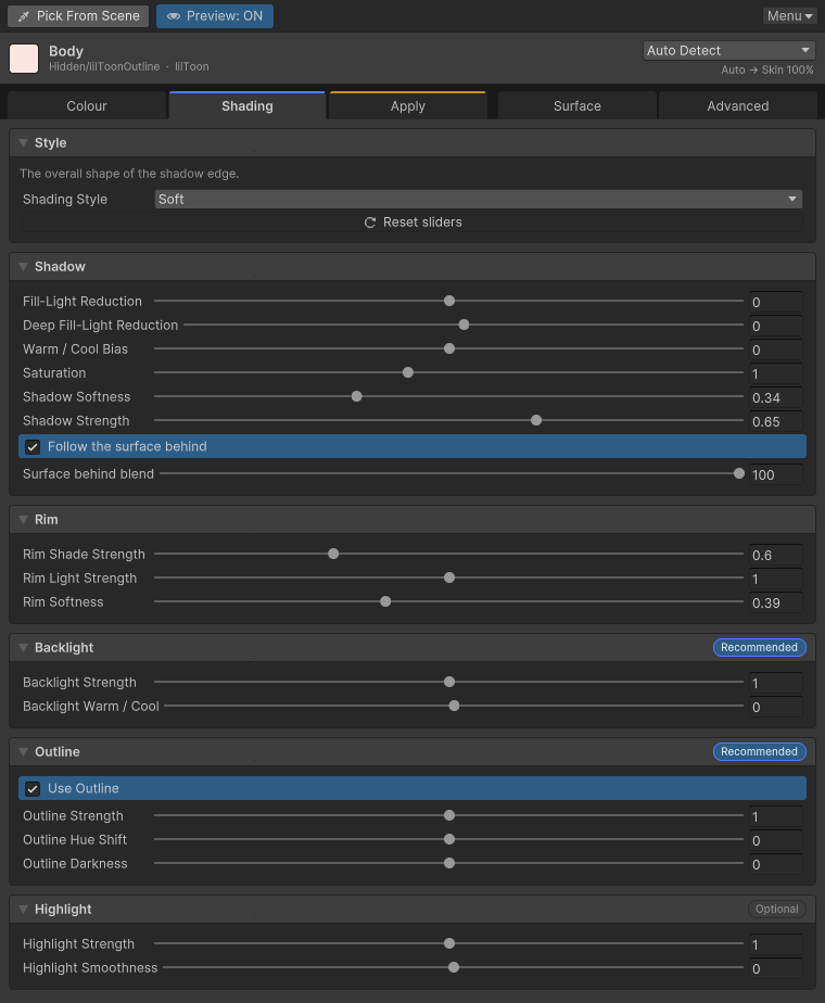 Shading tab